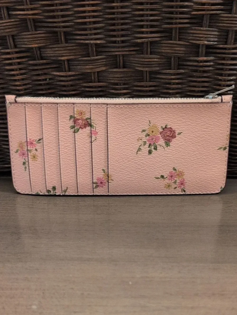COACH Pink Daisy Bundle Print Slim Skinny Wallet Floral Zip Credit Card Case